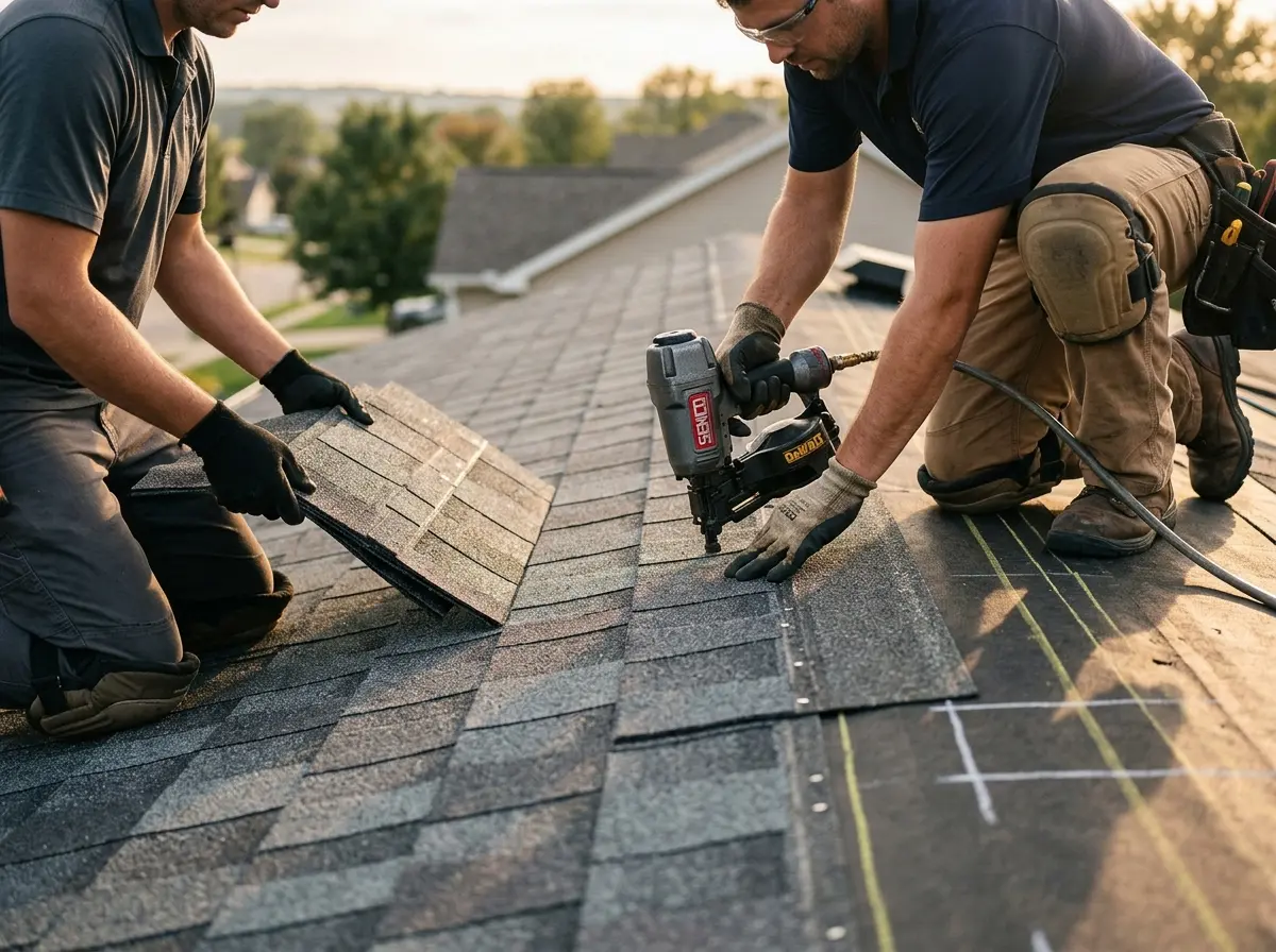 Professional roofer working on a residential roof in Flowood